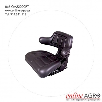 Cadeira preta para máquina agrícola com texto de referência e contactos