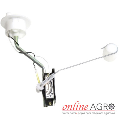 Sensor de nível de combustível para máquinas agrícolas com componentes metálicos e plásticos, texto online AGRO e descrição em português no canto inferior direito.