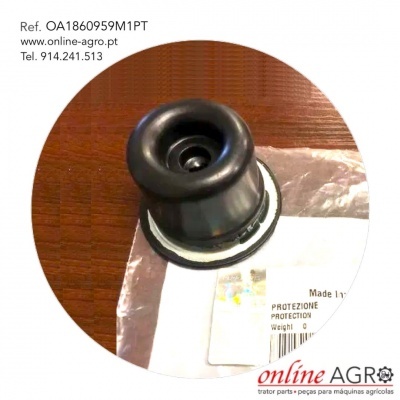 Peça de borracha preta com saco plástico e texto de contacto