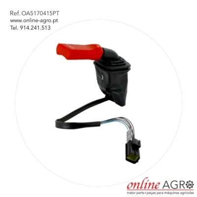 Interruptor elétrico com botão vermelho e base preta, cabo com conector