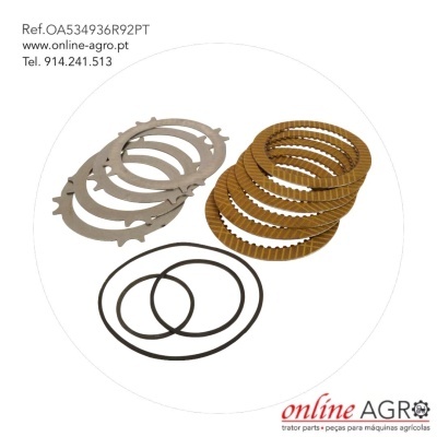 Peças para máquinas agrícolas com juntas e discos e texto de referência e contacto