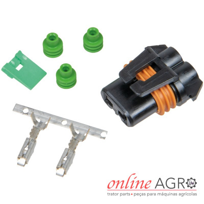 Imagem de peças elétricas para máquinas agrícolas com conector preto, vedantes verdes e terminais metálicos