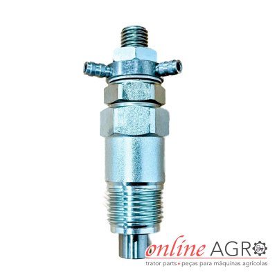 Conector metálico prateado com duas saídas laterais e roscas, logotipo e texto online AGR