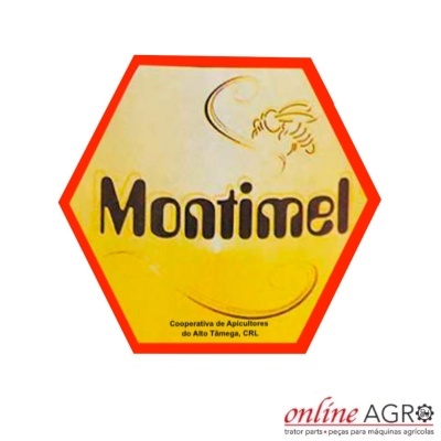 Rótulo hexagonal amarelo com abelha e texto Montimel