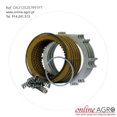 Conjunto de peças metálicas e molas para máquinas agrícolas com texto e logotipo Online Agro