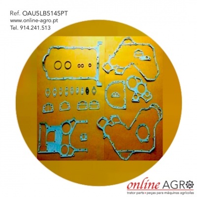 Conjunto de juntas metálicas para máquinas agrícolas sobre fundo laranja com detalhes de contacto