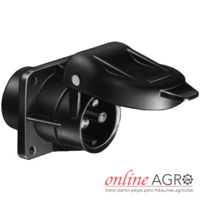 Tomada elétrica preta com tampa articulada para equipamentos agrícolas