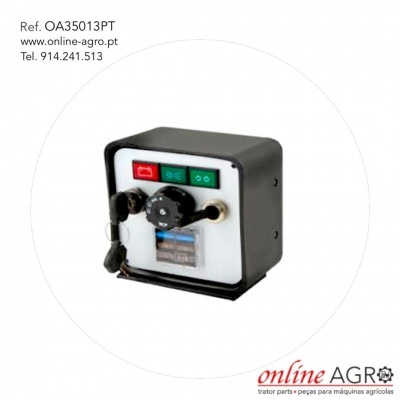 Dispositivo electrónico quadrado preto e branco com botões coloridos e chaves penduradas