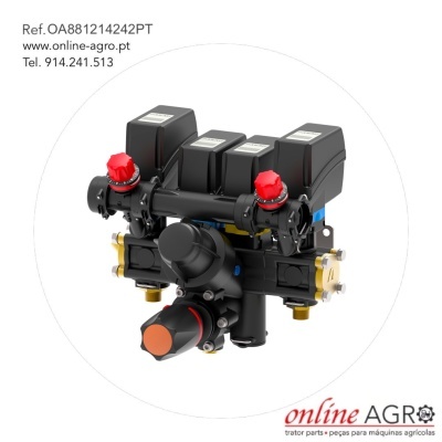 Mecanismo de válvulas para máquinas agrícolas com texto de referência e contacto