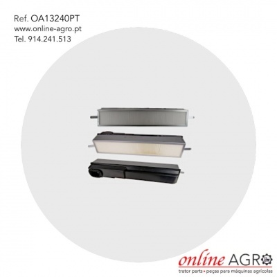 Três filtros brancos e pretos para máquinas agrícolas sobre fundo cinzento com texto e logo online AGRO