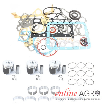 Conjunto de peças para motor de trator com pistões e juntas de diversas cores e materiais