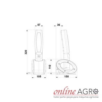 Desenho técnico de dispositivo com medidas e logótipo online AGRO