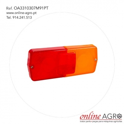 Luz traseira vermelha e laranja para maquinaria agrícola com etiquetas e fundo branco