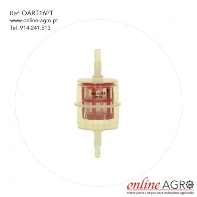 Filtro transparente cilíndrico para máquinas agrícolas com texto 'FILTER RT 16'