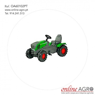 Trator de brinquedo verde e cinzento com rodas vermelhas e pretas