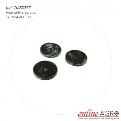 Três discos pretos com detalhe central, fundo branco, texto Ref. OA503PT e contatos
