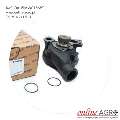 Bomba de água preta com engrenagem e juntas, caixa de papelão Perkins ao lado