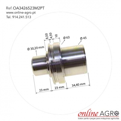 Peça metálica cilíndrica com medidas e código de referência em fundo branco