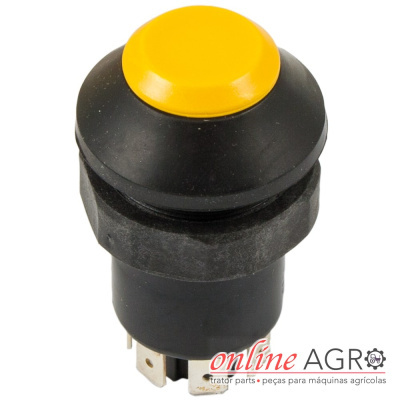 Interruptor de botão preto com topo amarelo e conectores metálicos