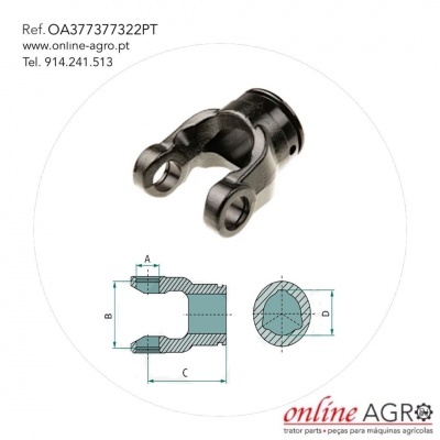 Peça metálica preta em forma de garfo com desenho técnico e texto de referência e contacto