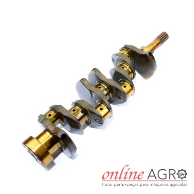 Virabrequim metálico dourado e cinza em fundo branco com texto online AGRO no canto