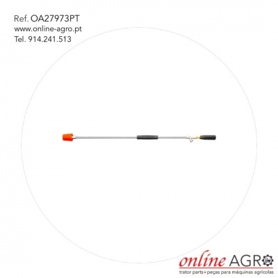 Pulverizador agrícola metálico com ponta laranja e pega preta sobre fundo branco