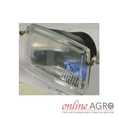 Farol retangular transparente com corpo preto para máquina agrícola