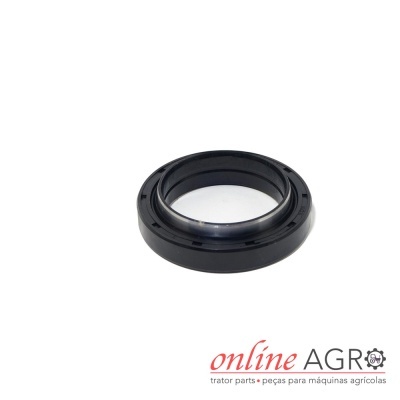 Anel de vedação preto sobre fundo branco com logotipo e texto online AGRO.