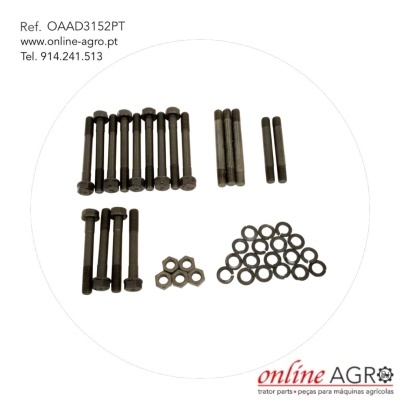 Conjunto de parafusos, porcas e anilhas com texto informativo e logotipo online AGRO