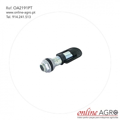 Peça cilíndrica metálica com ponta preta em plástico em fundo branco com texto de referência e contato