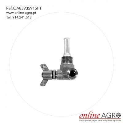 Peça metálica prateada em formato angular com válvula, texto técnico e logo online AGRO