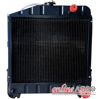 Radiador metálico preto com grelha vertical e tampa vermelha