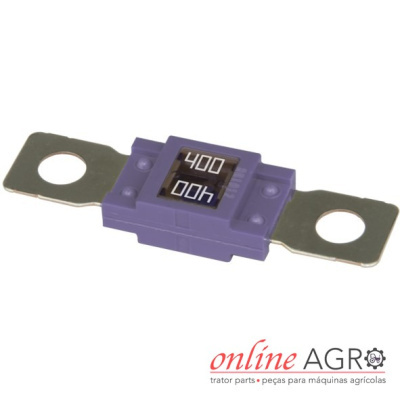 Fusível roxo com terminais metálicos e texto branco 400 00H no centro