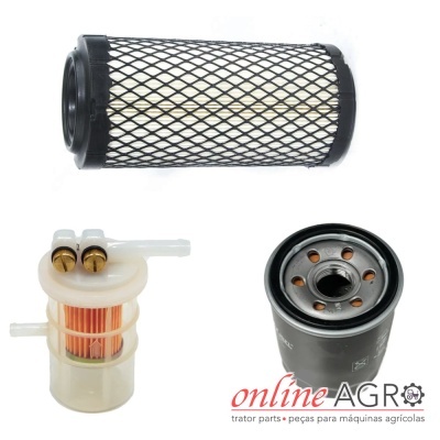 Conjunto de três filtros para máquinas agrícolas com fundo branco e logotipo online AGRO