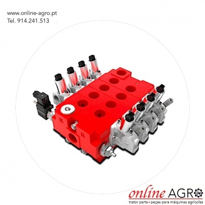 Peça mecânica agrícola vermelha e cinza com componentes cilíndricos pretos e texto de contacto