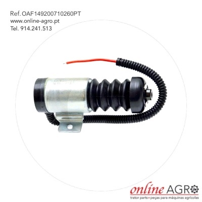 Peça elétrica metálica e borracha com cabo enrolado e texto de referência em fundo branco