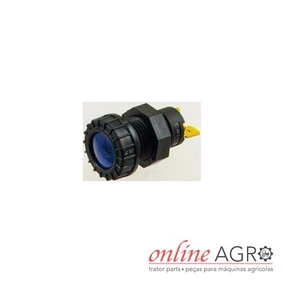 Peça de maquinário agrícola preta com componente azul e detalhes amarelos