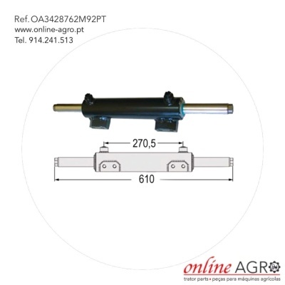 Peça metálica preta para máquina agrícola com desenho técnico e medidas