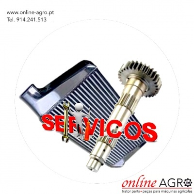 Peça metálica com engrenagem e superfície preta com ranhuras, texto 'SERVIÇOS', dados de contacto e logotipo Online Agro