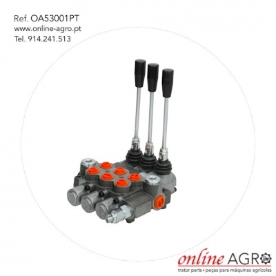 Válvula hidráulica metálica com alavancas e botões laranja para máquinas agrícolas