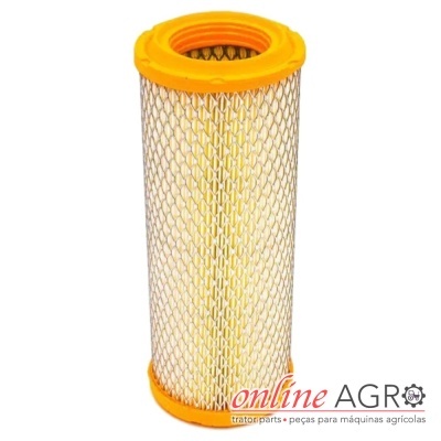 Filtro cilíndrico amarelo com estrutura metálica e acabamentos laranja