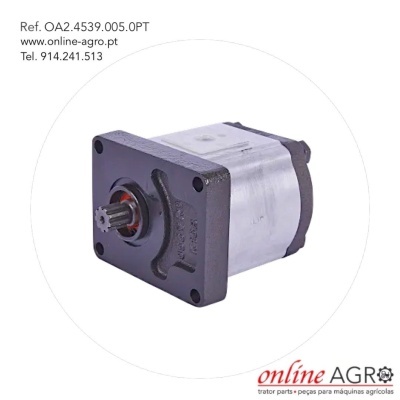 Bomba hidráulica metálica preta e prateada com eixo dentado e texto informativo