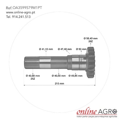 Eixo metálico com engrenagem e medidas técnicas