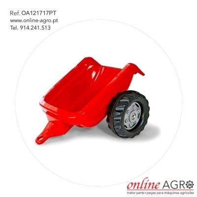 Mini carrinho de mão vermelho com rodas pretas em fundo branco, com texto e logótipo online AGRO