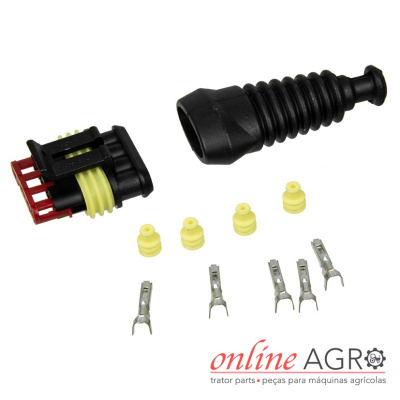 peças de conector elétrico em preto, amarelo e metal, com logotipo online AGRO
