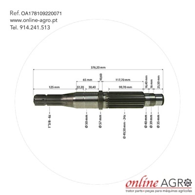 Peça metálica cilíndrica com engrenagens e medidas em fundo branco
