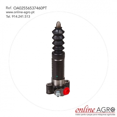 Peça agrícola preta com botão vermelho e texto de contacto