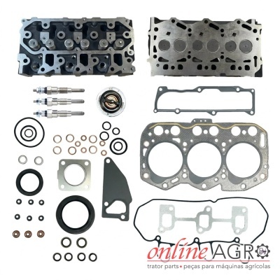 Conjunto de peças de motor automobilístico em fundo branco com logótipo online AGRO.