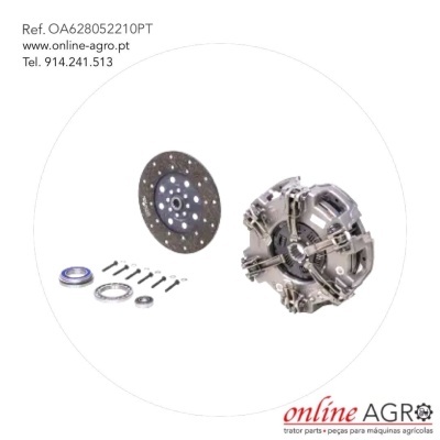 Peças metálicas para maquinaria agrícola com texto de referência e contacto.