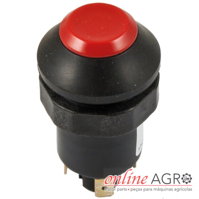 Botão interruptor de pressão vermelho e preto com pinos metálicos.